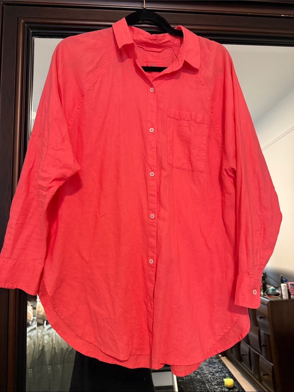 Aerie womens Big Beachy Button-Down Shirt in Coral overised